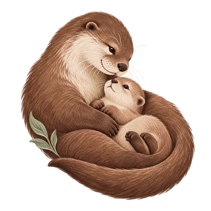 Ilustração de uma lontra acolhendo seu filhote.